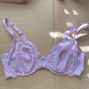 Savage x Fenty Floral Lace Unlined Bra in Lavender Pink with logo charm